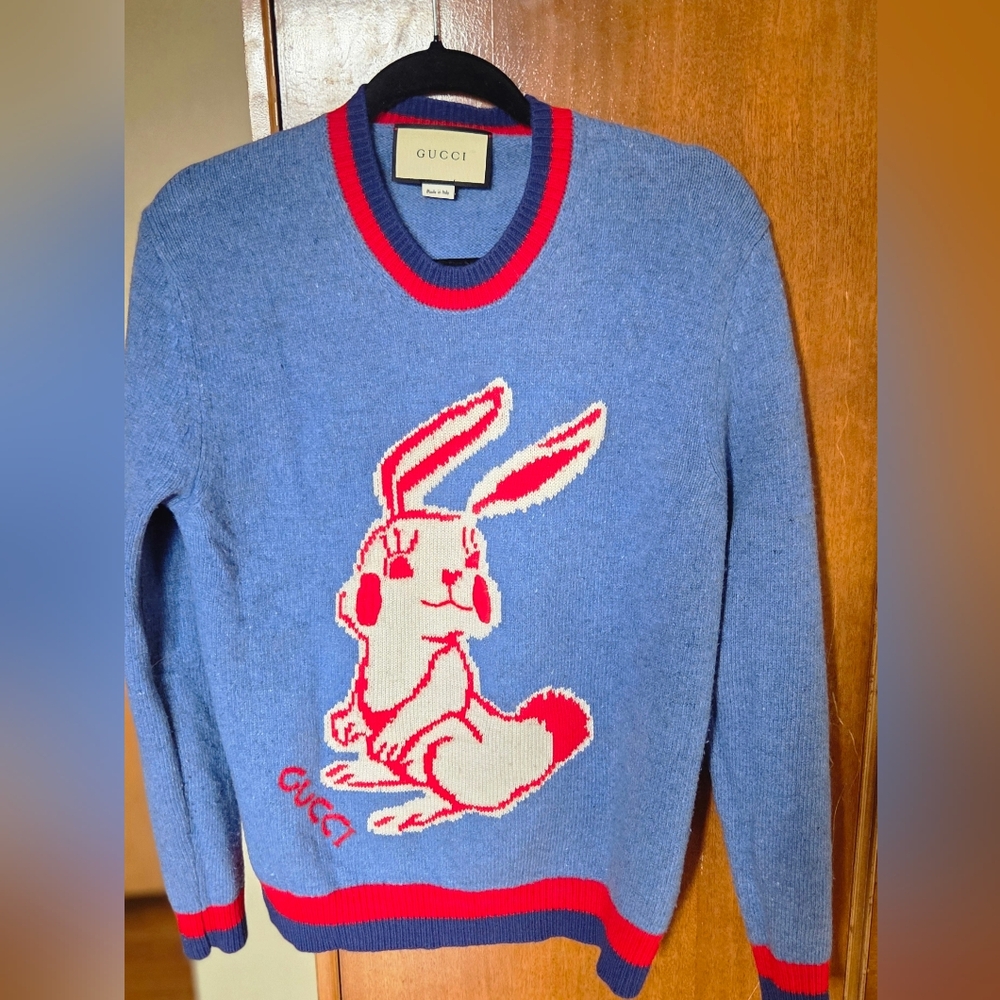 Unisex Gucci Blue Sweater with Red and White Bunny Design